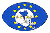 Southeastern European League of American Football logo with a yellow SELAF on a white helmet with a blue map of Serbia and Slovenia with 12 yellow stars circling around this, all within a blue football.