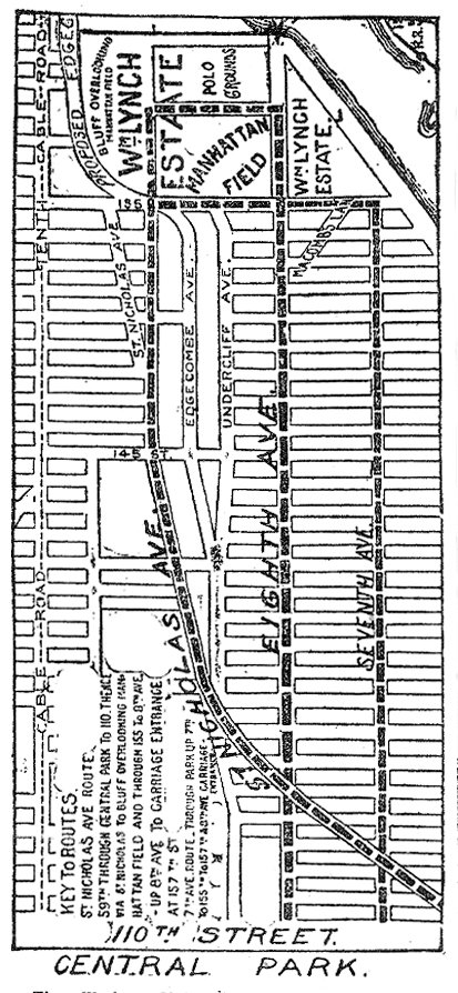 Map of Manhattan, north from 110th Street, showing Carriage Routes to Manhattan Field. Also the Cable Car line on 10th Avenue. From New-York Daily Tribune, Sunday, November 22, 1891.