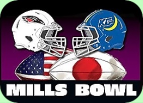 Mills Bowl logo. The helmets of  Southern Oregon University (white) and Kwansei Gakuin University (blue) face each other atop footballs stylized to look like American and Japanese flags.