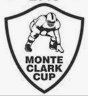 Image of the shield for the Monte Clark Cup. Black on white, football player in line stance and MONTE/CLARK CUP.