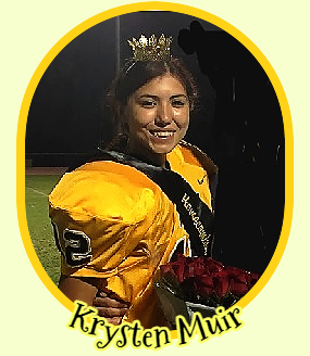 Krysten Muir, Marcos de Niza Hihgh School Homecoming Queen 9/23/2016 with crown and sash in yellow football uniform.