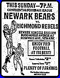 Ad for football game Newark Bears v Richmond Rebels, drawing of receiver catching football in front of defender Newark Schools Field. etc. From The Star-Ledger, Newark, New Jersey, September 24, 1065.