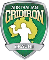 Australian Gridiron League logo, green, yellow and gray. Shield with league name and image of silhoetted quarterback throwing football in front of flag of Australia.