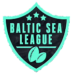 Image of the shield for the Baltic Sea League. Trim and lettering in light green, background in dark green. Three stars at top, then BALTIC SEA/LEAGUE, a horizontal line below that and two footballs.