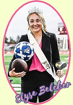 Photo of Ohio three-sport player Elyse Belcher of Crestview High School (Ashland) as homecoming queen on 9/20/2024, with crown and sash, holding a soccer ball, a fotball and a golf club.
