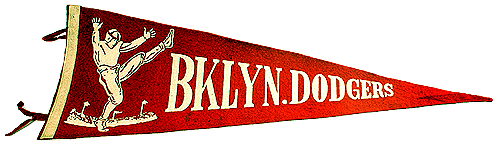 AAFC Brooklyn Dodgers pennant. White on red, 'BKLYN.DODGERS' abd a sketch of a punter in front of stadium, presumablt Ebbets Field.