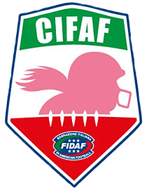 Campionato Italiano Football Americano Femminile (Italian Women's American Football League) logo. Green, white and red shield. CIFAF in white on the green part at top, a pink silhoette of a poney tailed football player in helmet and a blue FIDAF at bottom.