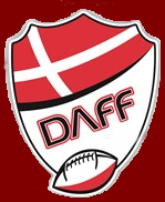 Danish American Football logo: shield with stylized Danish flag waving at top, stylized DAFF diagonally below with a football intersecting bottom of shield.