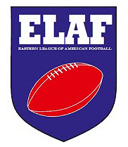 Eastern League of American Football logo. 'ELAF/Eastern League of American Football, and a tilted red football inside a blue shield..