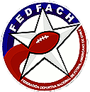 FEDFACH logo. Round, football inside a star, FEDFACH, white on blue on ouside circumference.