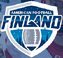 Logo for Finland American Football- blu showing football in shield.