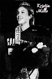 Black and white photo of Caravel Academy (Delaware) homecoming queen and place kicker, shown with sash, flowers and tiara. From The News Journal, Wilmington, Delaware, February 11, 1999.