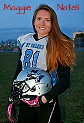 Image of Maggie Natell, New York Sharks pro football player. Kicker, number 81, holding helmet.