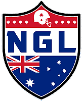 National Gridiron League logo. Shield with white helmet and stars at top on red stripe, blue NGL on white background, and a modified flag of Australia on a blue background at bottom.
