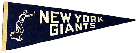 New York Giants pennant from early years. White on black, NEW YORK/GIANTS and a sketch profile of a rusher with one stiff arm out.