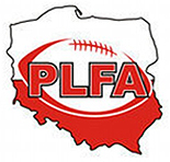 PLFA logo. Red on white, PLFA in block letters inside a stylized football on an outlined map of Poland.