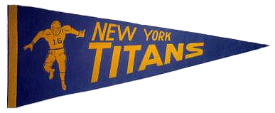 New York Titans pennant, orange on black, 'TITANS' and a charging defensive back.