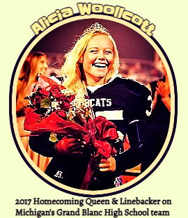 Photo of Alicia Woollcott, Grand Blanc High School football team's's female linebacker in 20017, in Michigan, as Homecoming Queen..