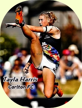 Image of Australian (Rules) Football League woman , Tayla Harris of the Carlton Football Club, shown high in the air, mid-kick, with her right leg straight up, perpindicular with the ground, foot near her face. During a 2019 game..