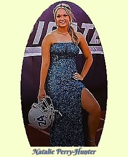 Photo of Natalie Perry-Hunter, Porter High Pirate in Oklahoma, football place kicker crowned Homecoming Queen on September 16, 2022. Shown standing in sparkly blue gown, holding football helmet, left hand on hip.