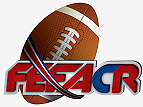 Logo for Football Americai au Costa Rica, FEFACR on top of a tilted football.