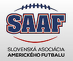 Slovakian Association of American logo: SAAF in blue serifed letters with white trim on stylized football.