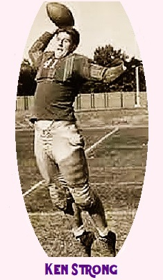 Ken Strong, All-American NYU football player 1926-1928, #41, up in the air, passing the ball.