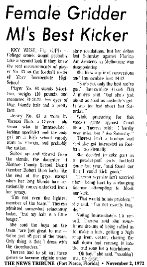 November 2, 1972 newspaper article, from The News Tribune (Fort Pierce, Florida) titled, Female Gridder MI's Best Kicker.