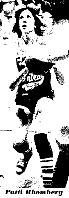 Action picture (cropped)of Patti Rhomberg, Central of Elkader High Warriorette basketball player. This picture is from junior year, a February 1, 1980, 67 to 66 victory, against the Valley High Tigerettes, in which she scored 35 points. From the Oelwein (Ia.) Daily Register, Feb. 2, 1980. Photo by Rick fromm.