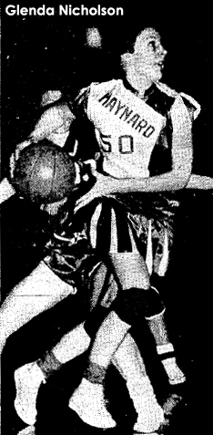 Picture of Glenda Nicholson in action from the Waterloo Daily Courier (Waterloo, Iowa), Friday, March 8, 1957 preview of the 1957 State Girls' Basketball Tournament. In the first round on March 7th, the day before, Glenda Nicholson had scored 61 points for her Maynard High team in their 86 to 60 victory over LuVerne High.