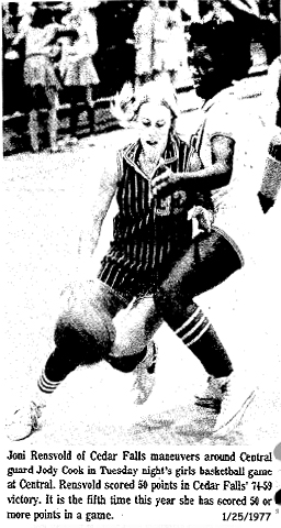 Joni Resvold of Cedar Falls maneuvers around Central guard Jody Cook in Tuesdays night's girls basketball game at Central. Rensvold scored 50 points in Cedar Falls 74-59 victory. It is the fifth time this year she has scored 50 or more points in a game. January 25, 1977 game, won by Postville, 74-59 over Central of Waterloo.