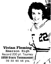 Post-Tournament picture, clipped from team photo, of Vivian Fleming, who led Emerson High to the championship game, and second place, in the 1958 Iowa State Girls' Basketball Tournament, scoring a then record 200 points in the 4 games, 39, 55, 60 and 46 points in these games, coming in as runner-up.
